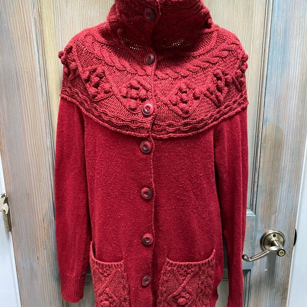 Anthropology Sweater Sleeping On Snow Red Pom Pom Knit Sz SP